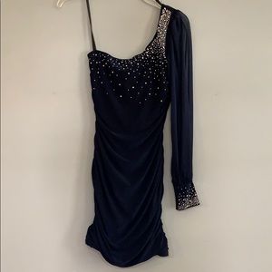 One Shoulder Rhinestone Navy Dress